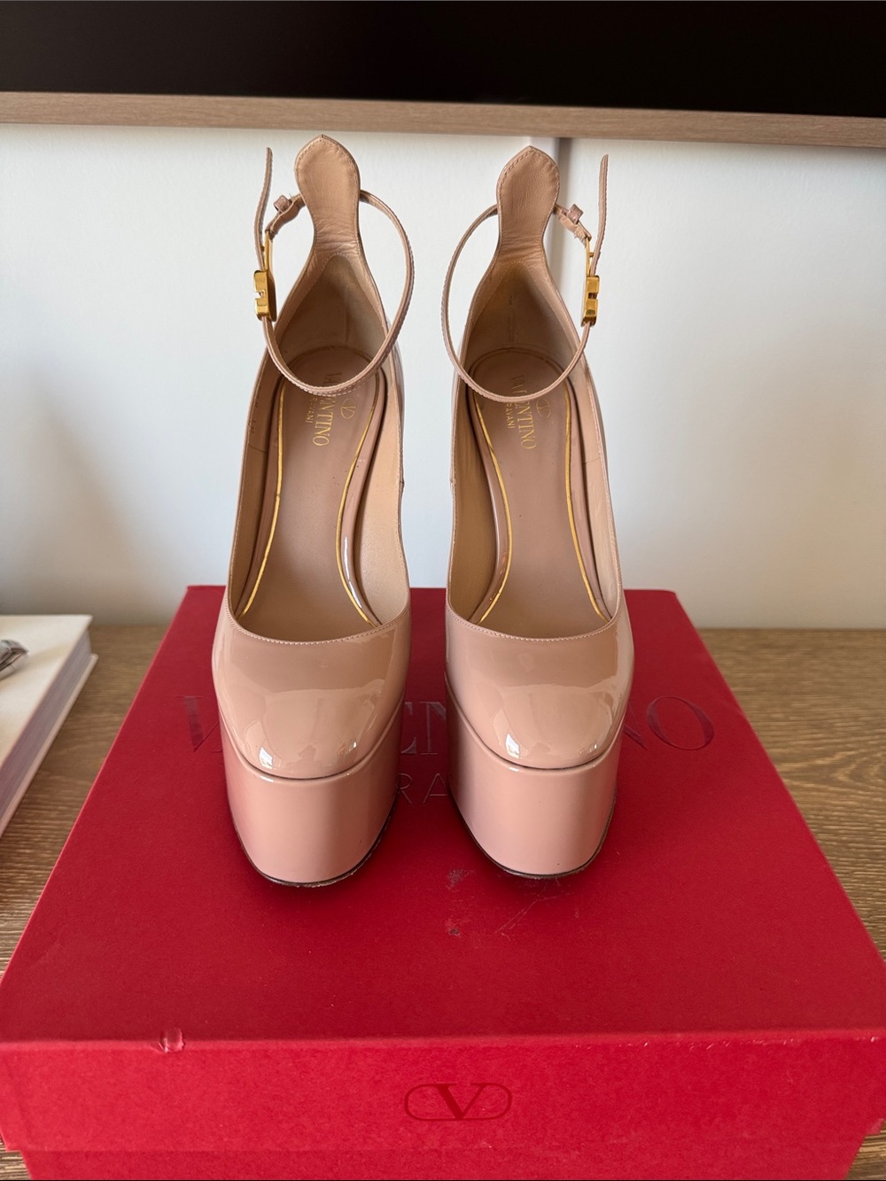 Valentino Garavani Blush Nude Leather Platform Pumps with Ankle Strap